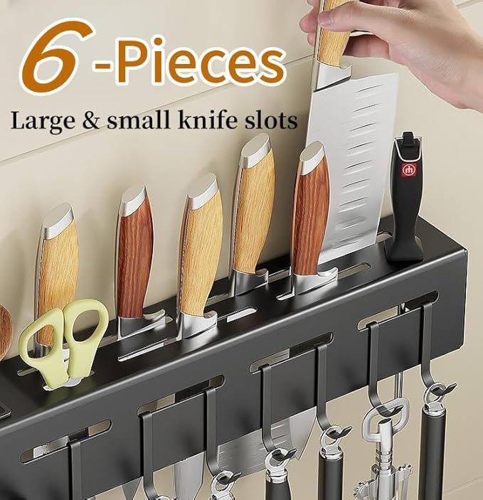Wall Mounted Knife & Utensil Organizer Rack with Hooks (Dark Grey/Black)
