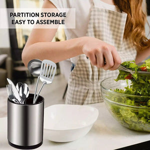 Stainless Steel Rotating Utensil Holder with Drain – Kitchen Storage Bucket