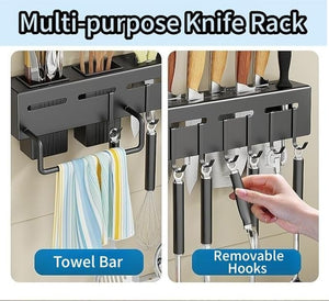 Wall Mounted Knife & Utensil Organizer Rack with Hooks (Dark Grey/Black)
