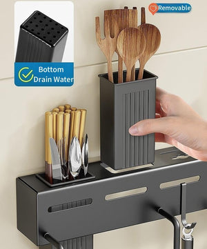Wall Mounted Knife & Utensil Organizer Rack with Hooks (Dark Grey/Black)
