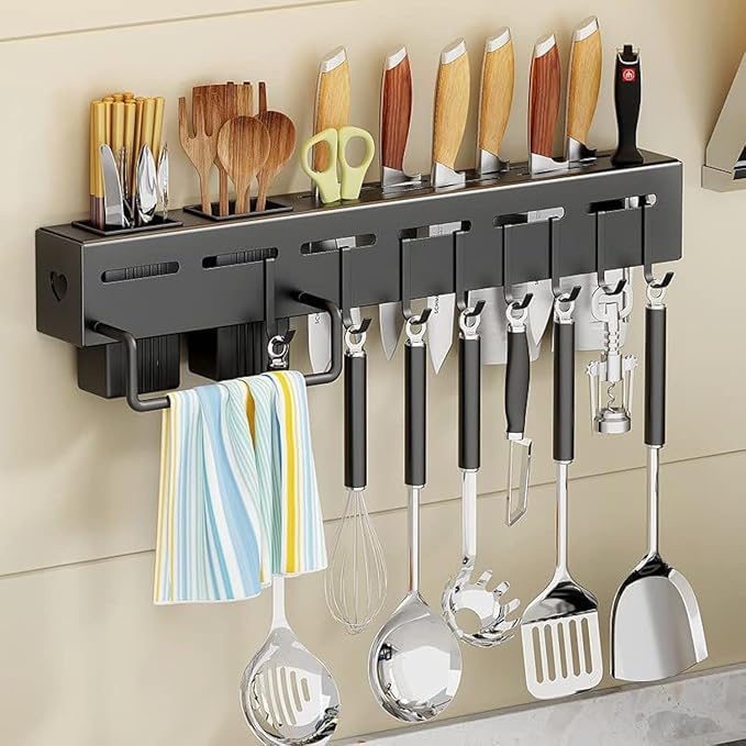 Wall Mounted Knife & Utensil Organizer Rack with Hooks (Dark Grey/Black)